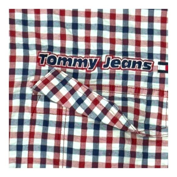 Tommy Jeans Mens Short Sleeve Button-Down Shirt Red & Blue Plaid Size L Vintage - Picture 2 of 5